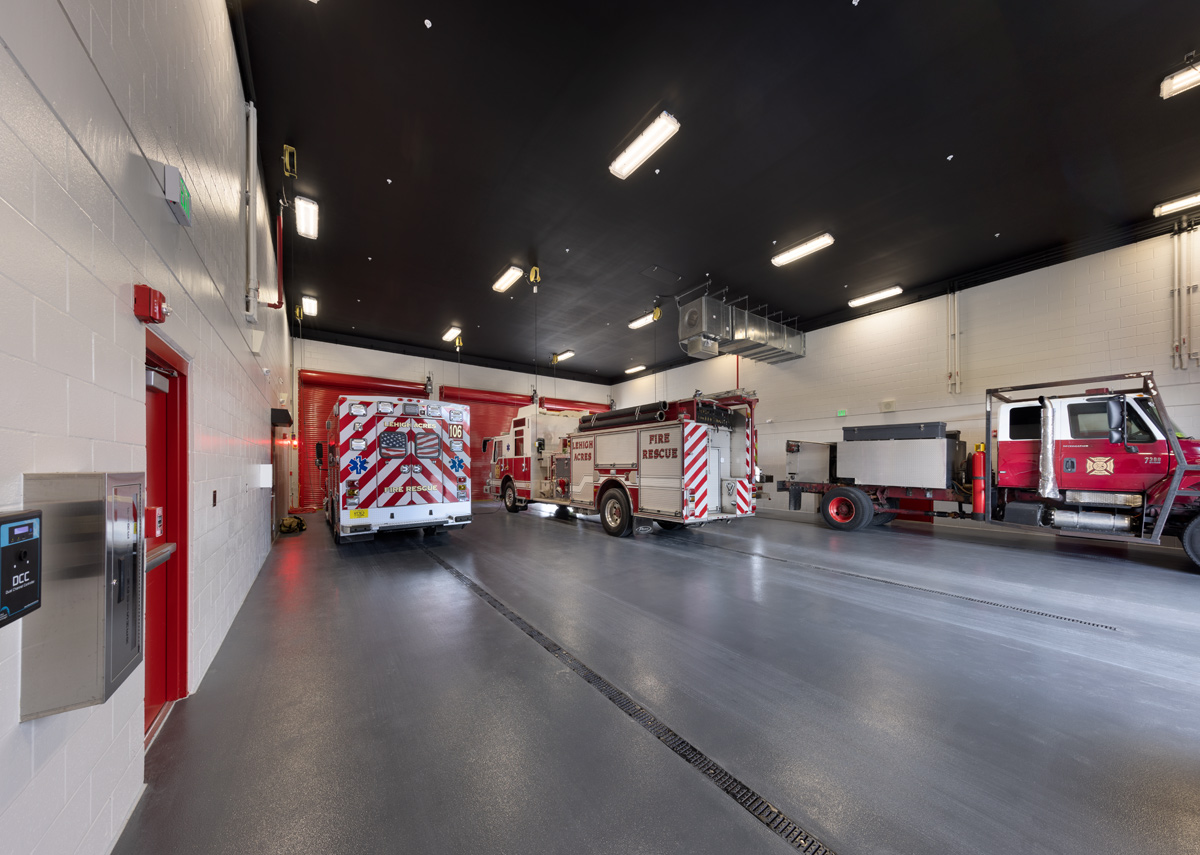 Interior design view of the bay area of Fire and Rescue Station 106 Lehigh Acres, FL.